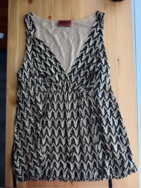 Missoni knit top with tie detail with pale green, beige, and black knit design.